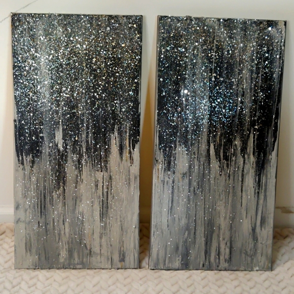 ((SOLD)) Original Glitter Crystals Black and Gray Abstract Acrylic Paintings - Picture 3 of 4